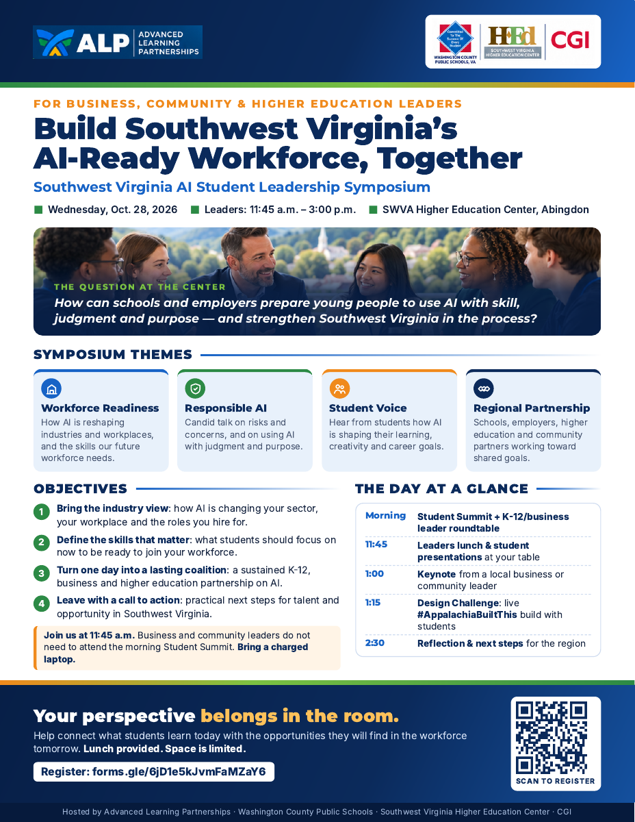 Preview of the business and community flyer: Build Southwest Virginia’s AI-Ready Workforce, Together; leaders join at 11:45 AM.