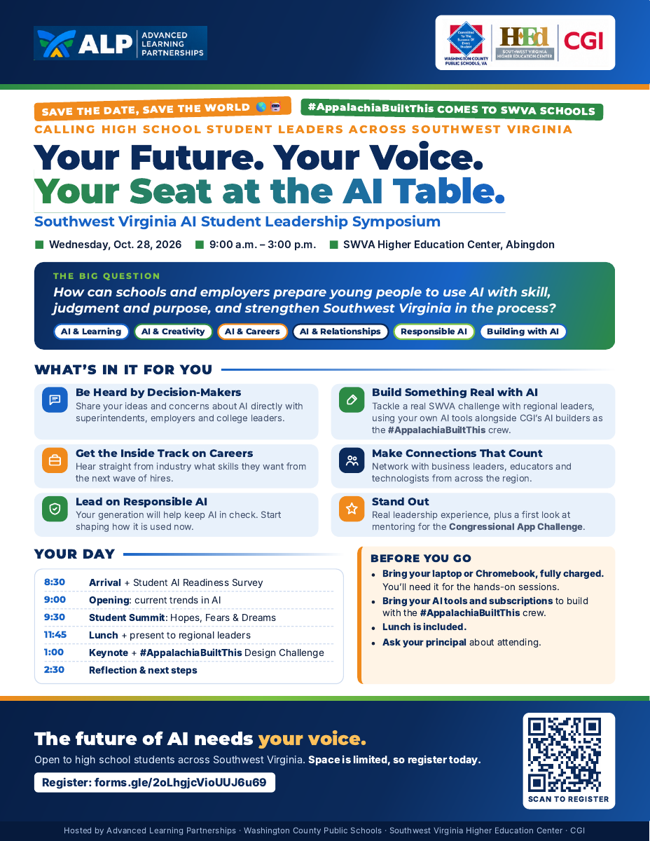 Preview of the student flyer: Your Future. Your Voice. Your Seat at the AI Table; October 28 in Abingdon.